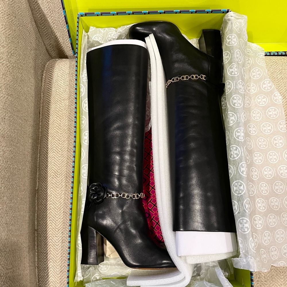 Tory Burch Black Blossum Boots Block Heel Tall Knee High Booties